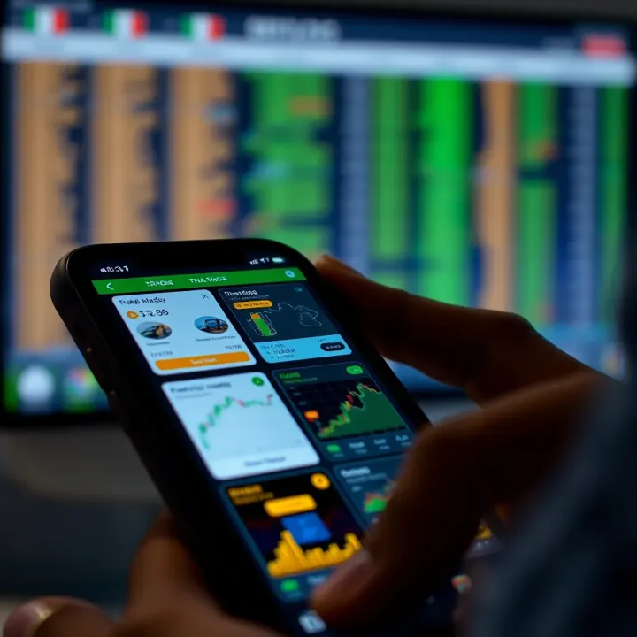 Mobile phone screen displaying a variety of trade applications with graphical user interfaces for buying and selling