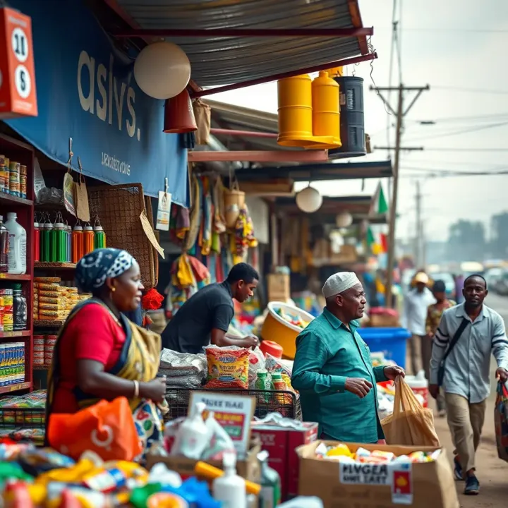 Colorful open-air Nigerian market stalls with various goods and active customer interactions