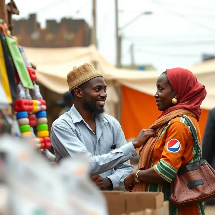 Trader and customer exchanging goods with visible trust and friendly communication in a Nigerian marketplace