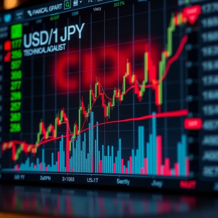 Graph showing recent trends in USD to JPY currency exchange rates with highlighted technical analysis indicators