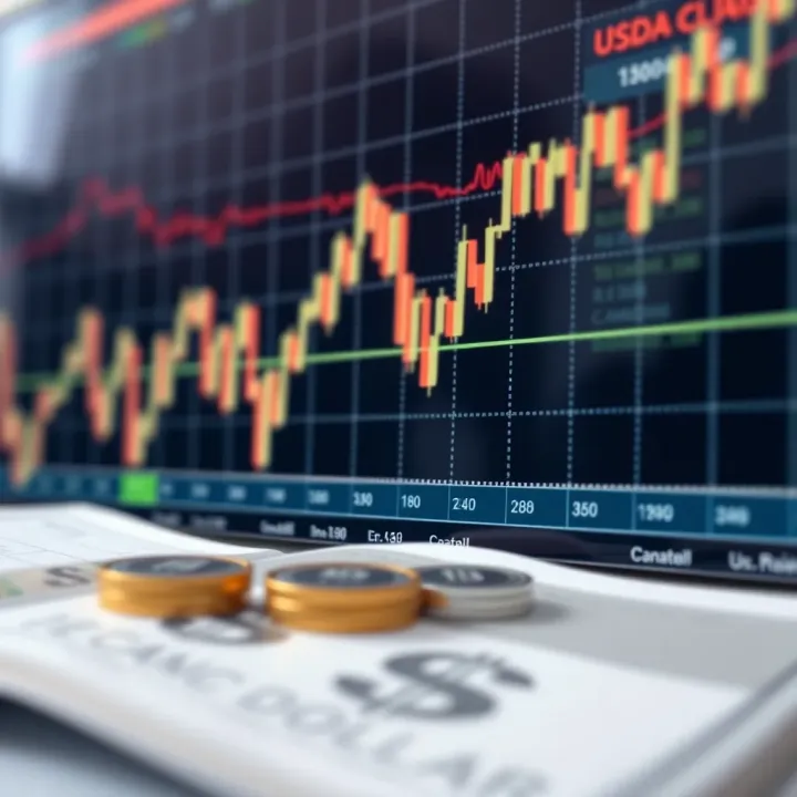 Graph showing US Dollar to Canadian Dollar exchange rate trends with economic indicators background